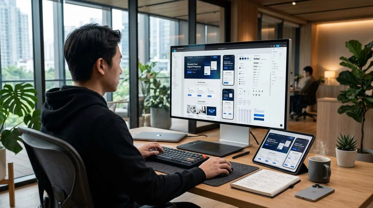 ทีมออกแบบ UI/UX กำลังทำงานออกแบบเว็บไซต์